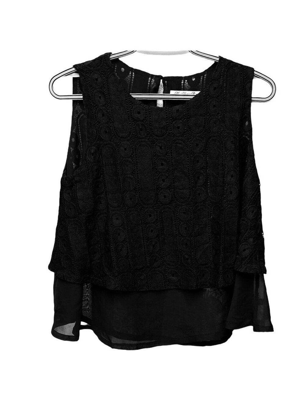 Hui Ying Bo  Black Crochet Lace Top with Chiffon semi Sheer Hem Large